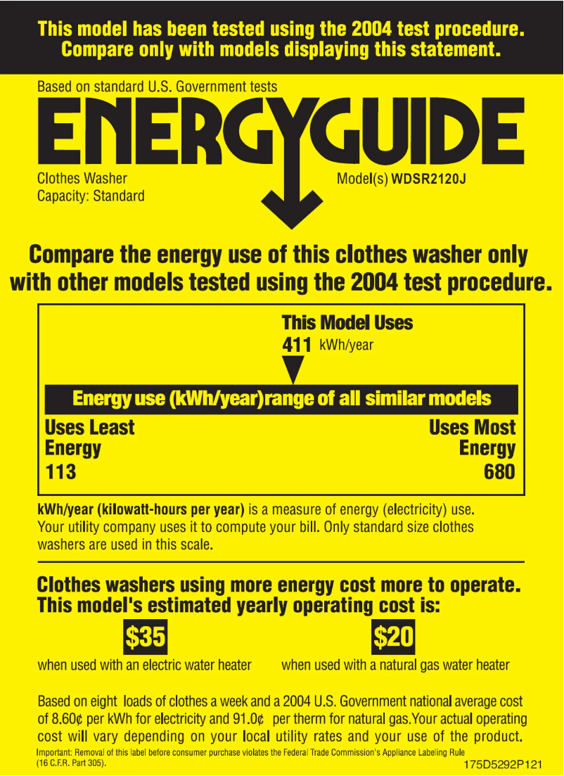 Page 1 de la notice Label énergétique GE WDSR2120JWW