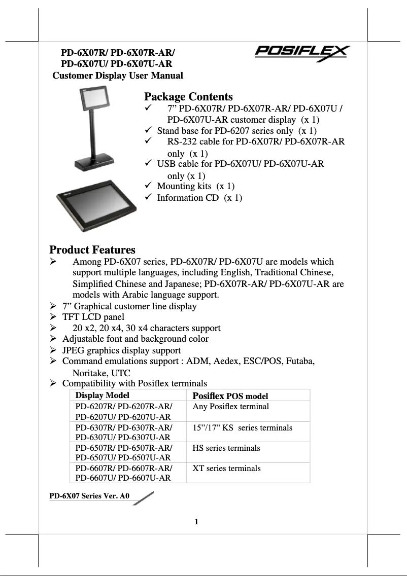 Page n°1 - Manuel utilisateur Posiflex PD-6607U