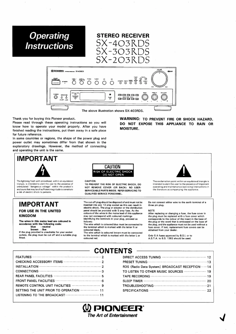 Page 1 de la notice Manuel utilisateur Pioneer SX-403RDS