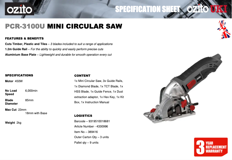 Page 1 de la notice Fiche technique Ozito PCR-3100U