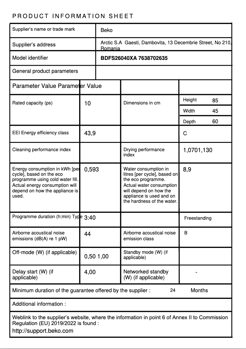 Page n°1 - Fiche technique Beko BDFS26040XA