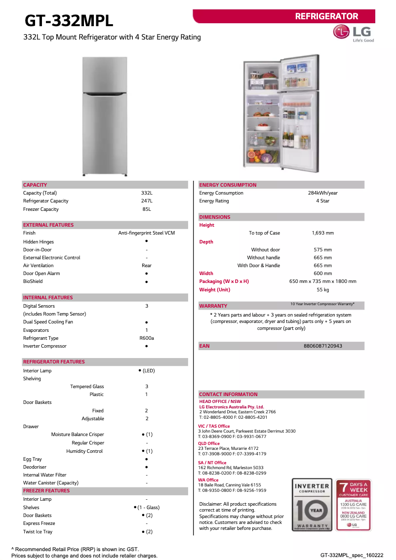 Page 1 de la notice Fiche technique LG GT-332MPL