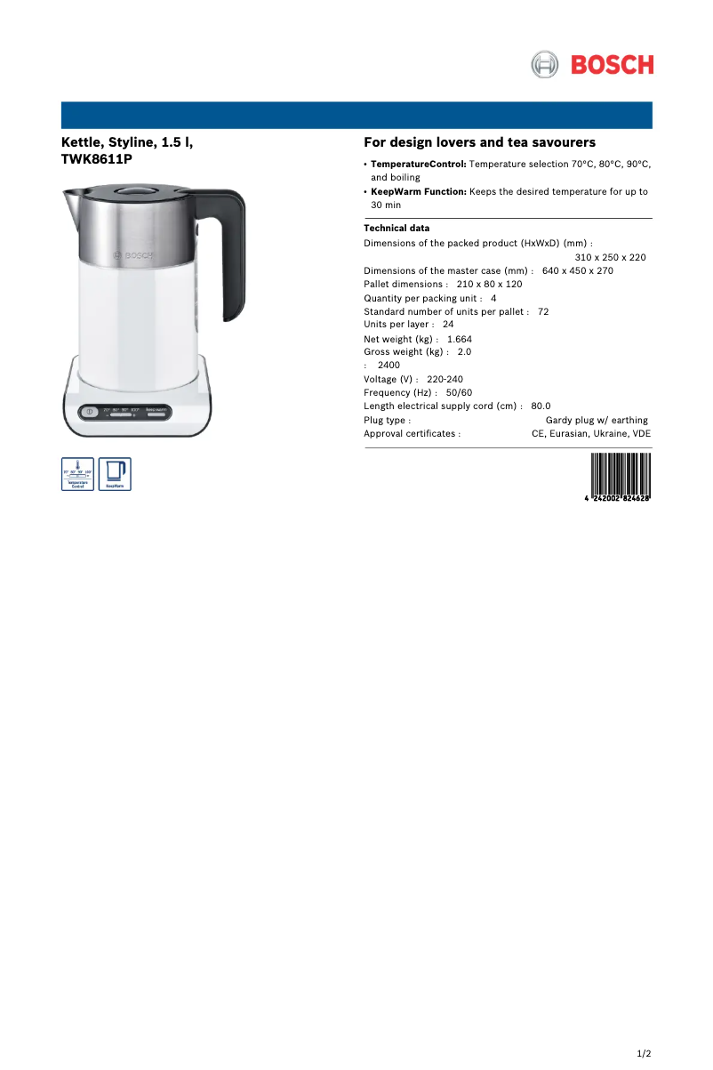 Page 1 of the manual Technical Sheet Bosch Styline TWK8611P