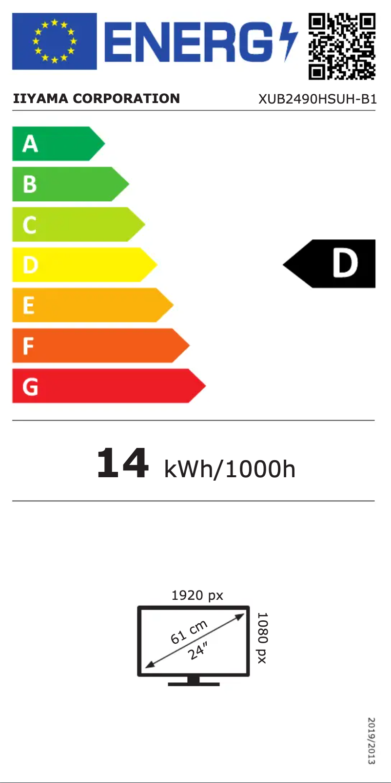 Page 1 de la notice Label énergétique Iiyama ProLite XUB2490HSUH