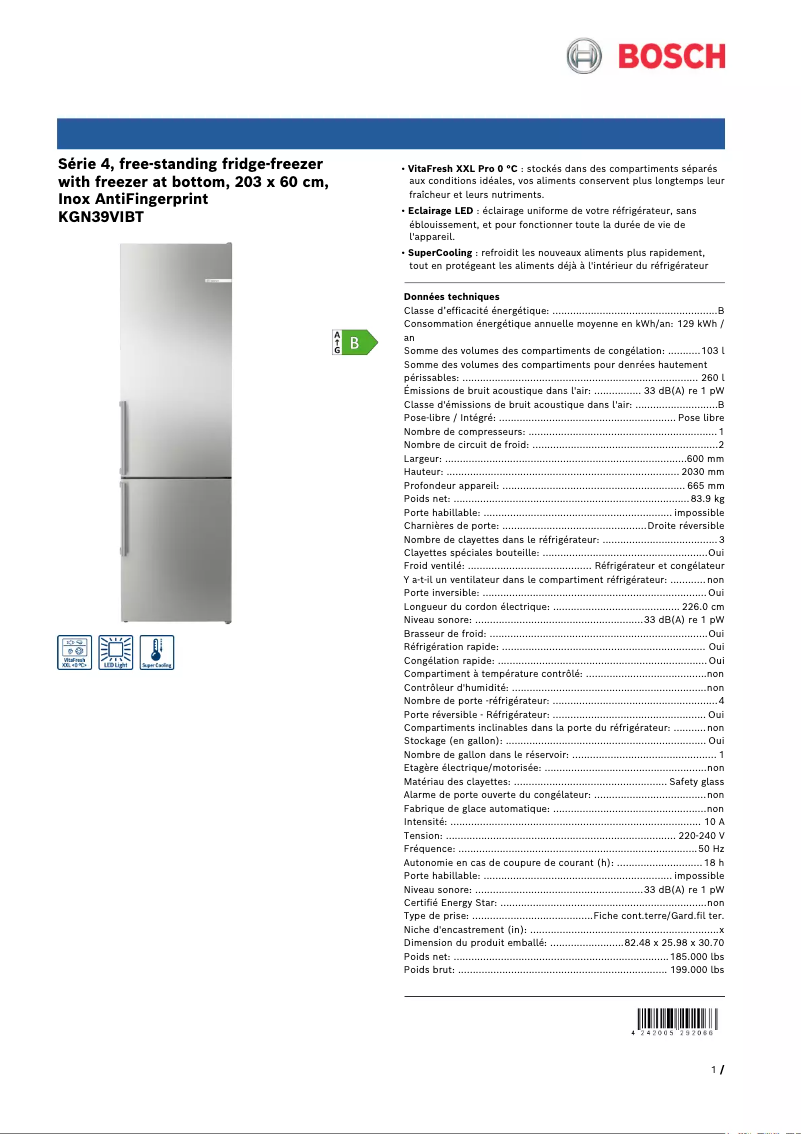 Page 1 de la notice Fiche technique Bosch KGN39VIBT