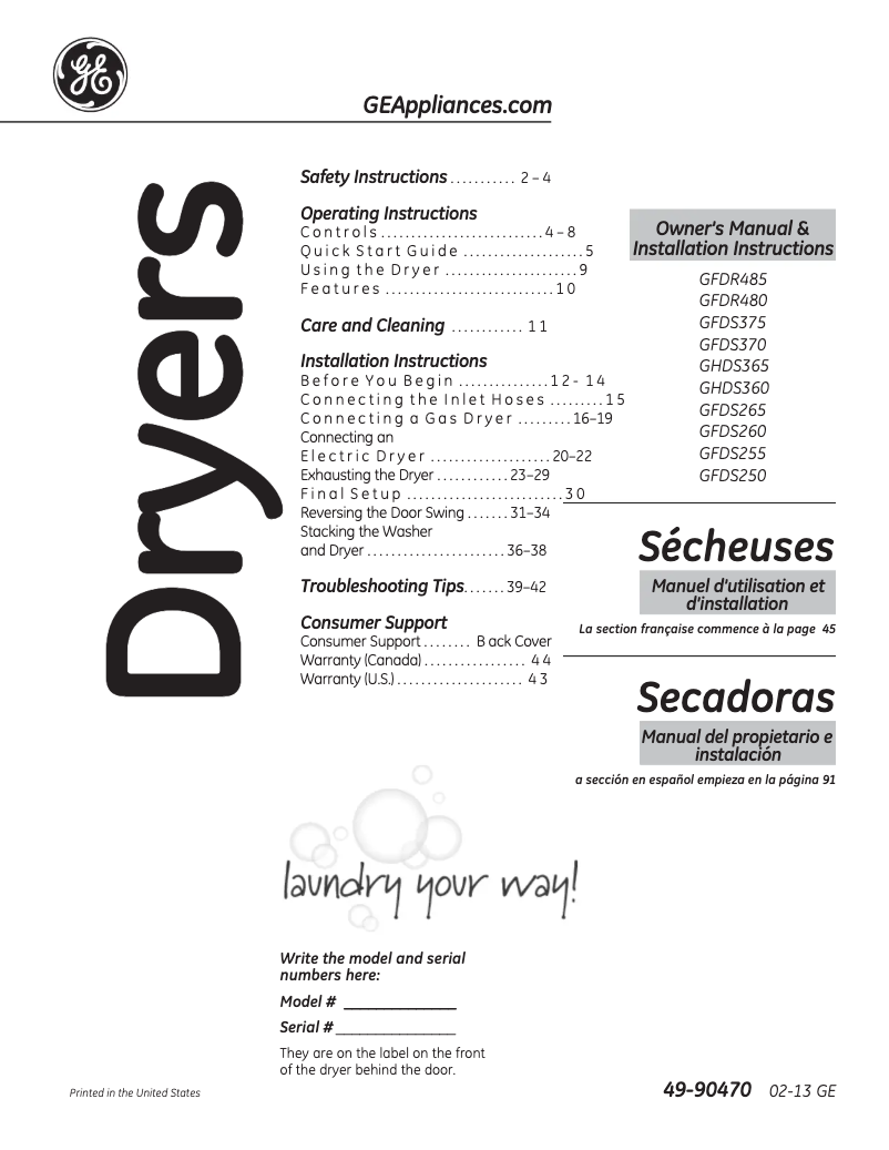 Page n°1 - Manuel d'utilisation et d'entretien GE GFDS265GFRR