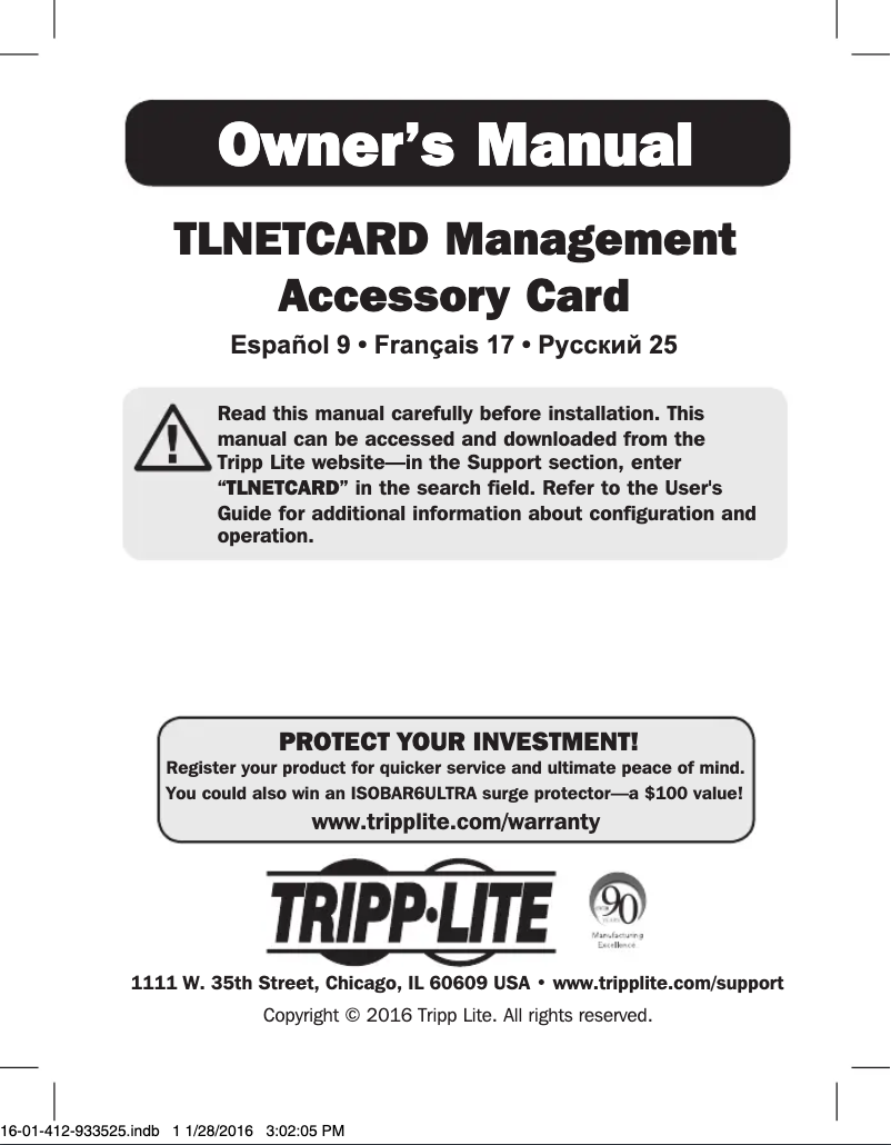 Page 1 de la notice Manuel utilisateur Tripp Lite TLNETCARD
