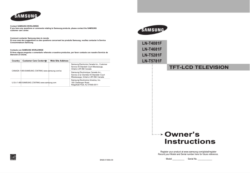 Page 1 de la notice Manuel utilisateur Samsung LN-T5281F
