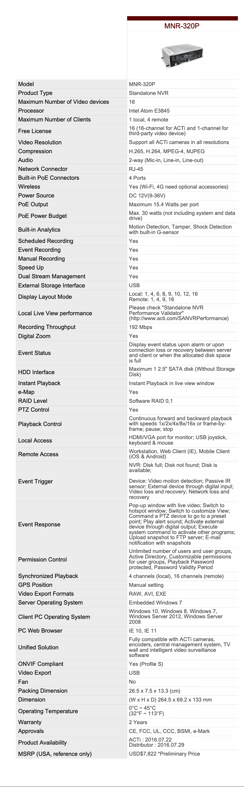 Page 1 de la notice Brochure ACTi MNR-320P