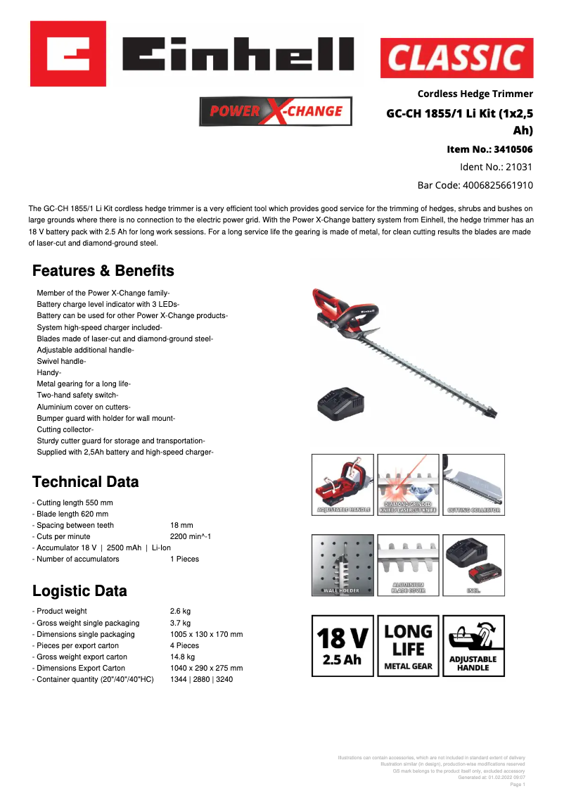 Page n°1 - Fiche technique Einhell GC-CH 1855/1 Li Kit
