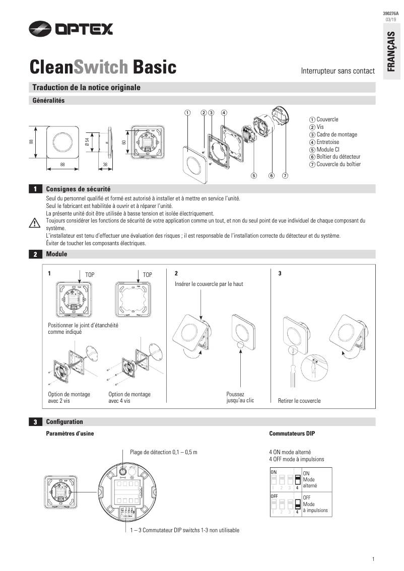 Page 1 de la notice Manuel utilisateur Optex CleanSwitch LED