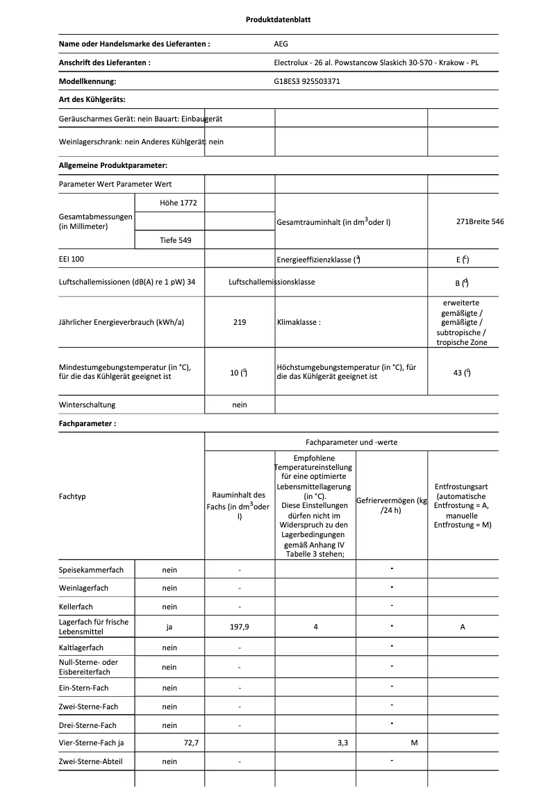 Página 1 del manual Ficha técnica AEG G18ES3