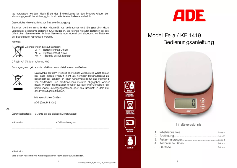 Imagen de la primera página del manual del dispositivo Felia KE 1419