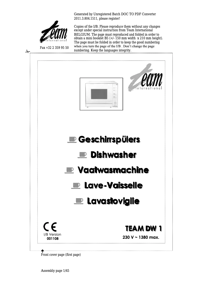 Page 1 de la notice Manuel utilisateur Team DW 1