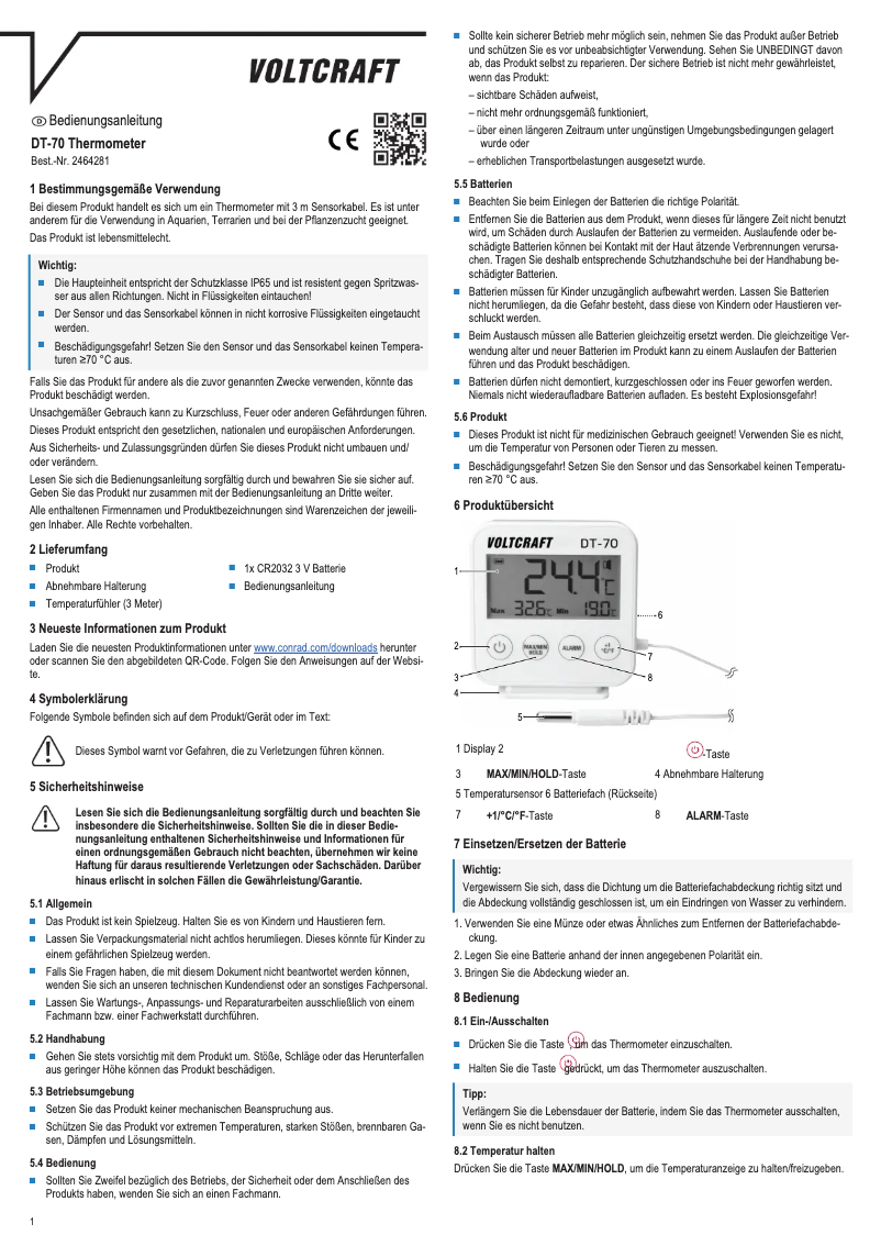 Page 1 de la notice Manuel utilisateur Voltcraft DT-70