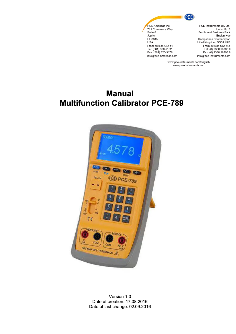 Page 1 de la notice Manuel utilisateur PCE Instruments PCE-789