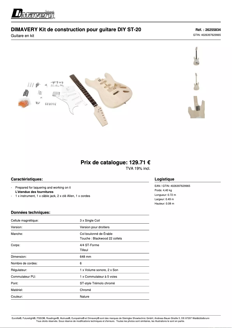 Page 1 de la notice Fiche technique Dimavery DIY ST-20