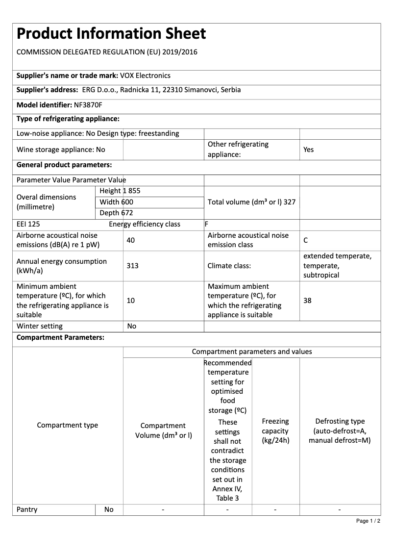 Page 1 de la notice Fiche technique VOX NF 3870 F