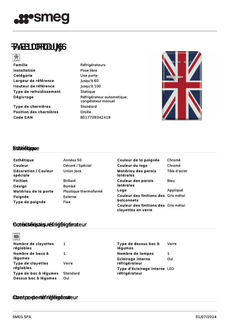 Page 1 de la notice Fiche technique Smeg FAB10RDUJ6