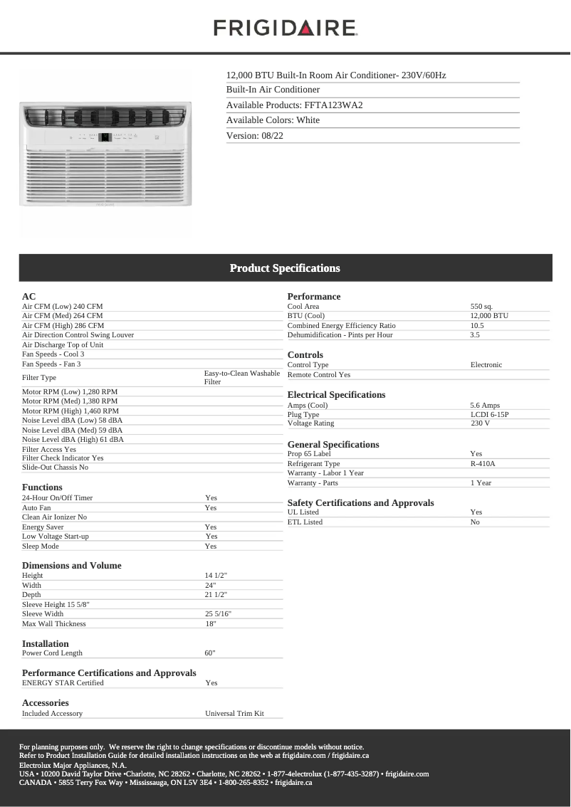 Page n°1 - Fiche technique Frigidaire FFTA123WA2