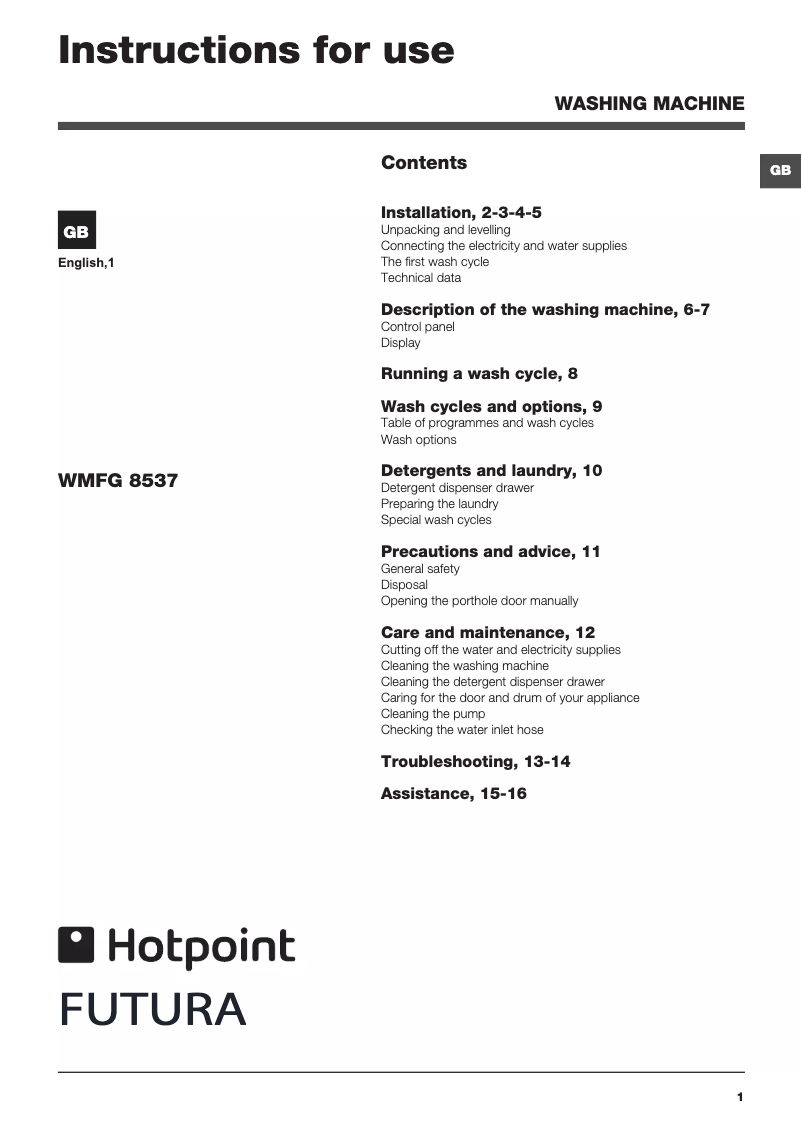 Page n°1 - Manuel utilisateur Hotpoint Ariston WMFG8537