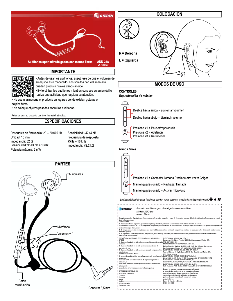 Page 1 de la notice Manuel utilisateur Steren AUD-348