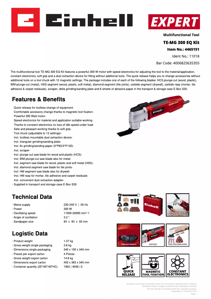Page n°1 - Fiche technique Einhell TE-MG 300 EQ Kit