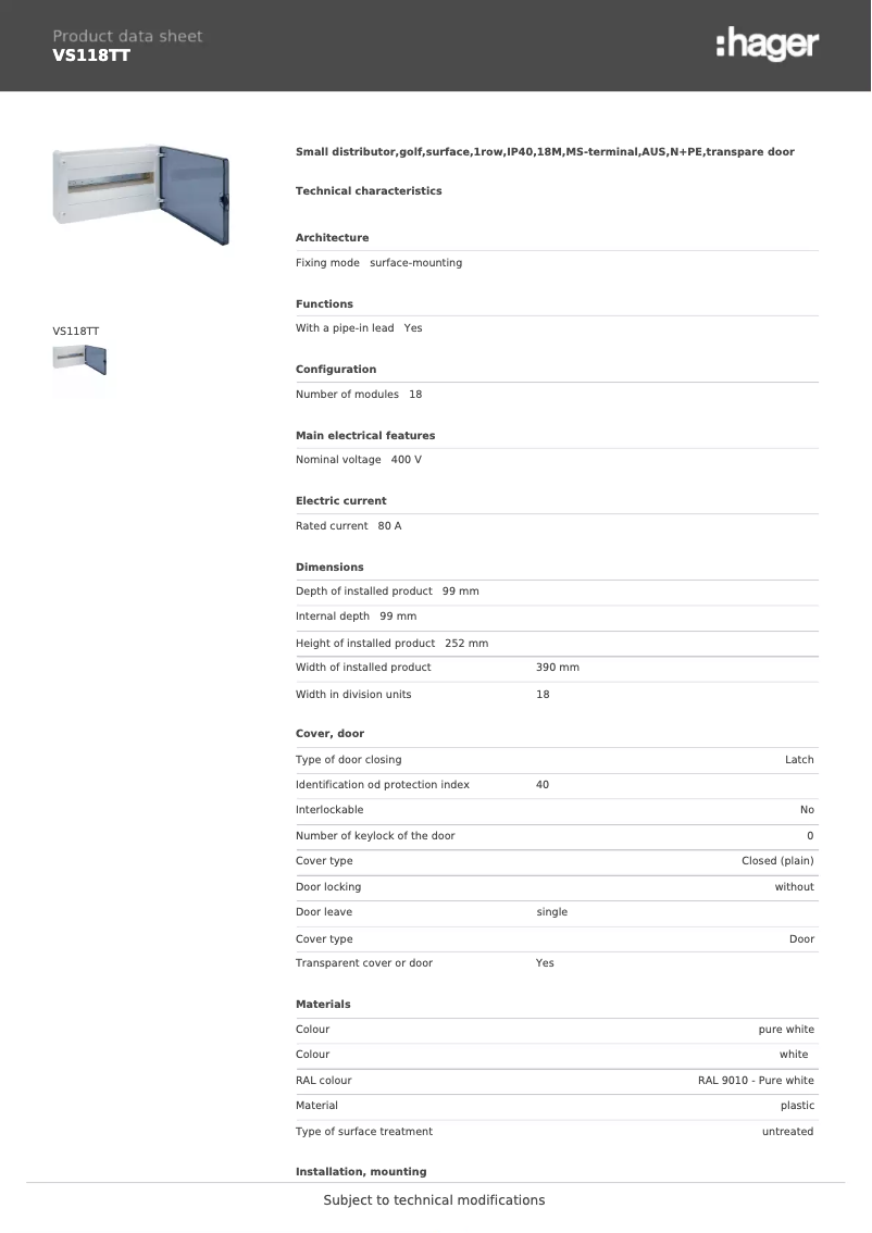 Page n°1 - Fiche technique Hager VS118TT