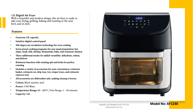 Page 1 de la notice Fiche technique Lenoxx Healthy Choice AF1230