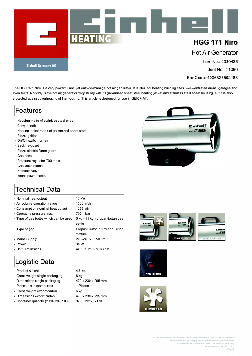 Page n°1 - Fiche technique Einhell HGG 171 Niro