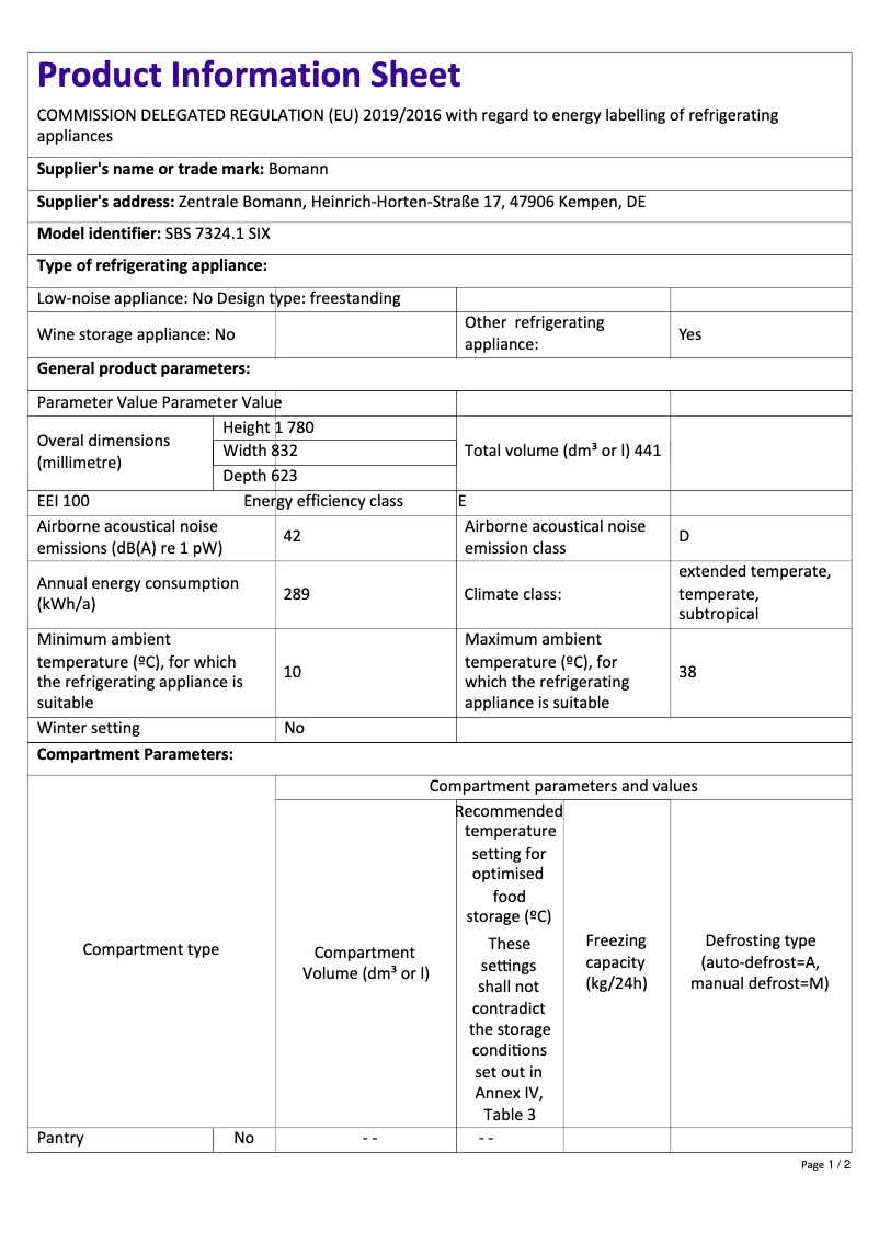 Page 1 de la notice Fiche technique Bomann SBS 7324.1