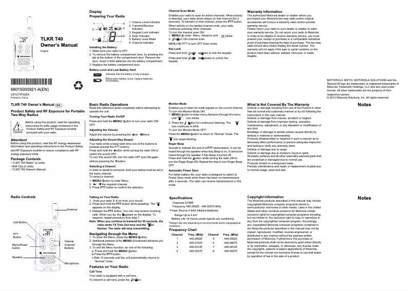 Page 1 de la notice Manuel utilisateur Motorola TLKR-T40