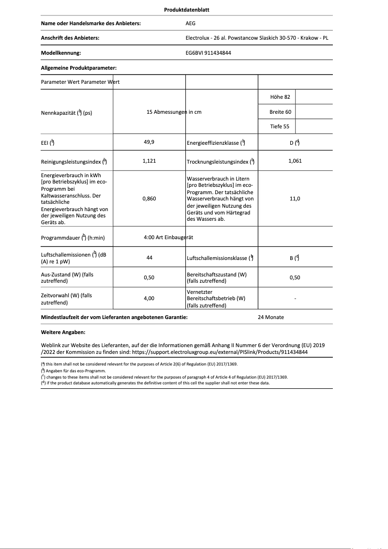 Page 1 de la notice Fiche technique AEG EG6BVI