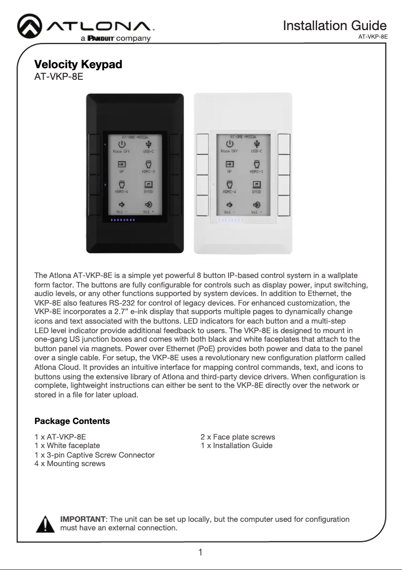 Page 1 de la notice Guide d'installation Atlona AT-VKP-8E
