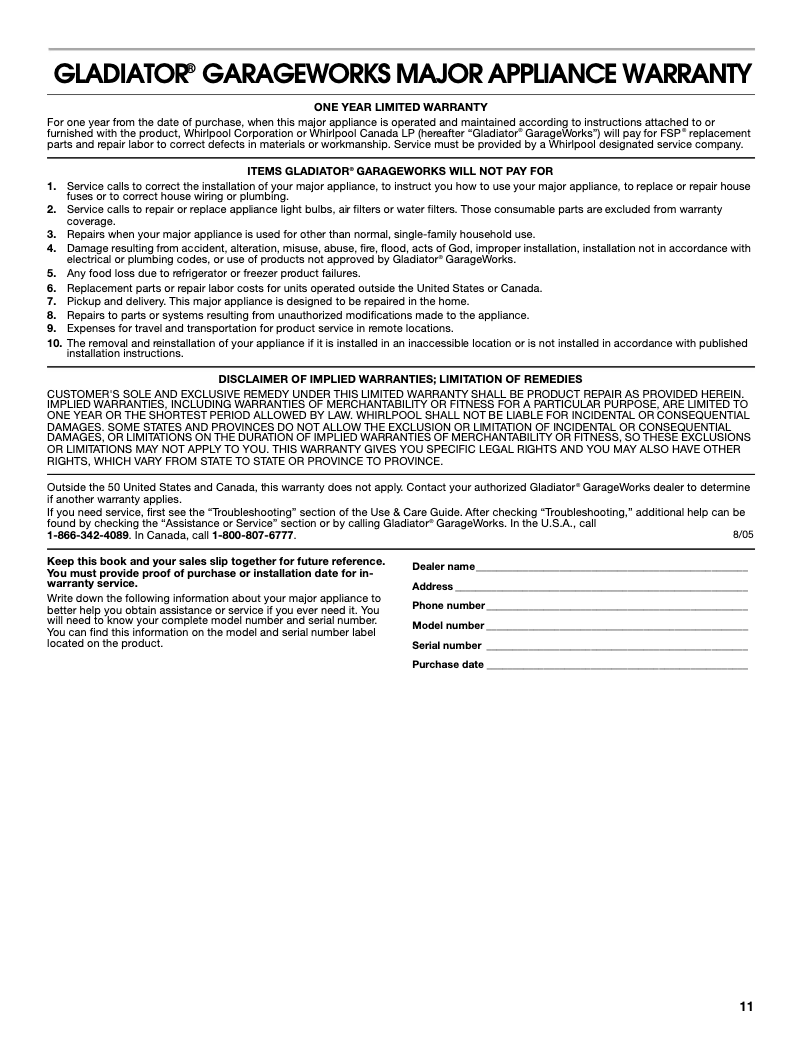 Page 1 de la notice Informations de garantie Gladiator GACP15XXMG