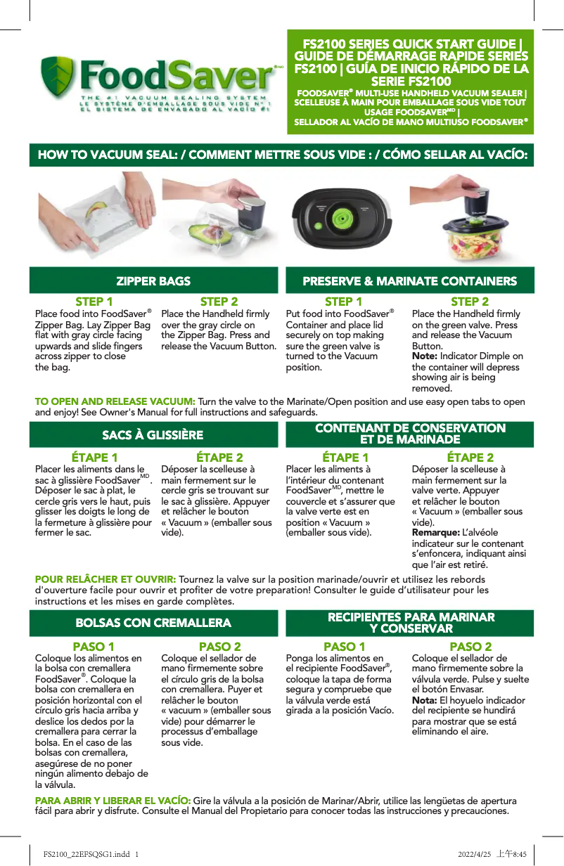 Page n°1 - Guide de démarrage rapide FoodSaver FS2160