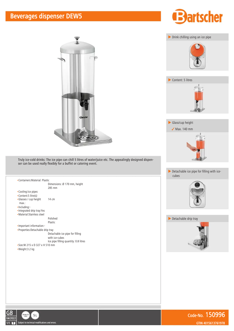 Página 1 del manual Ficha técnica Bartscher DEW5
