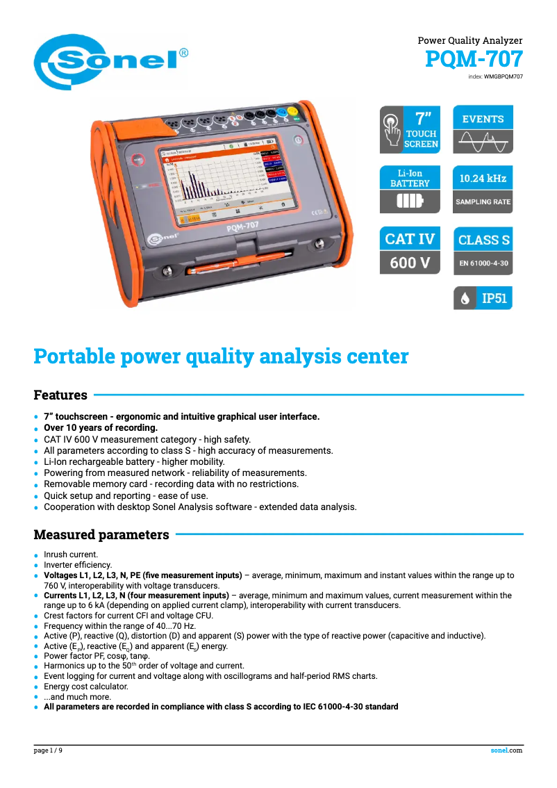 Page 1 de la notice Fiche technique Sonel PQM-707