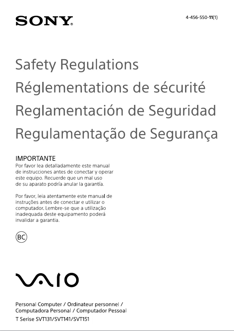 Page n°1 - Instructions de sécurité Sony Vaio Tab 13 SVT1313ACXS