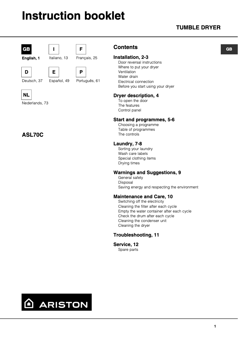 Page 1 de la notice Manuel utilisateur Ariston Thermo ASL70C