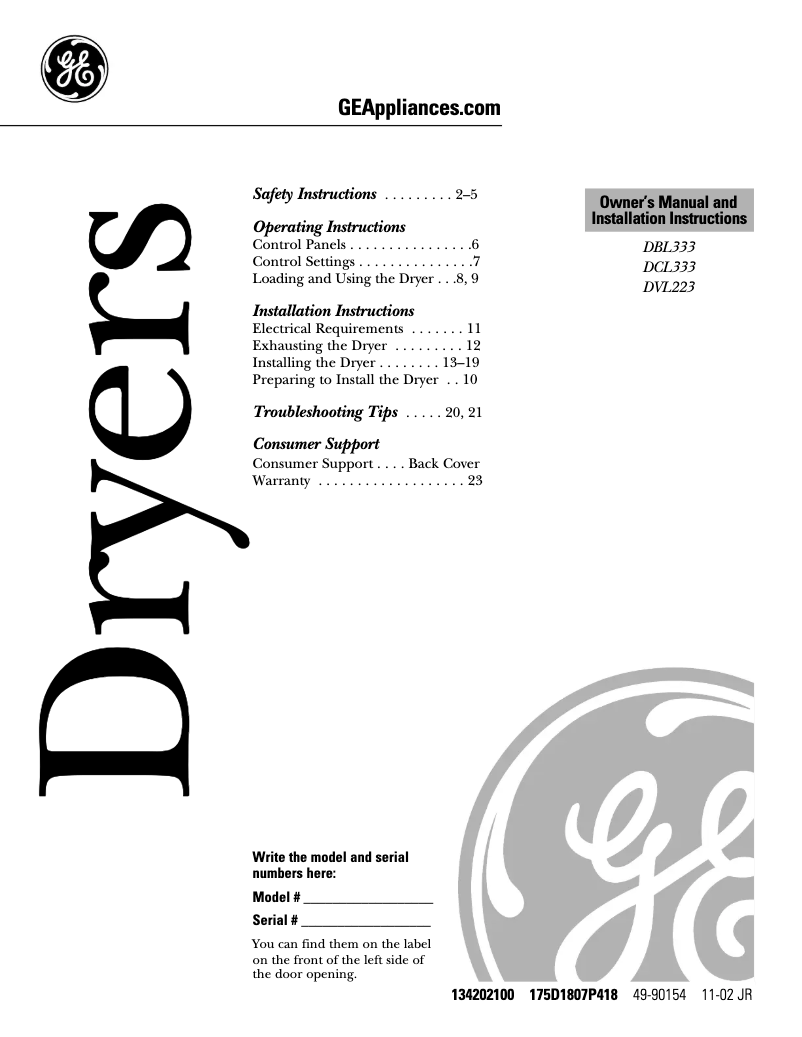 Page n°1 - Manuel d'utilisation et d'entretien GE DCL333EAAA
