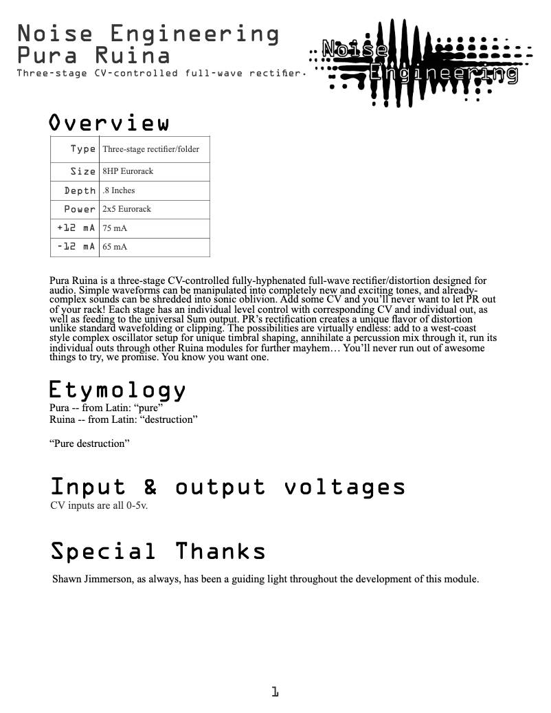 Page 1 de la notice Manuel utilisateur Noise Engineering Pura Ruina