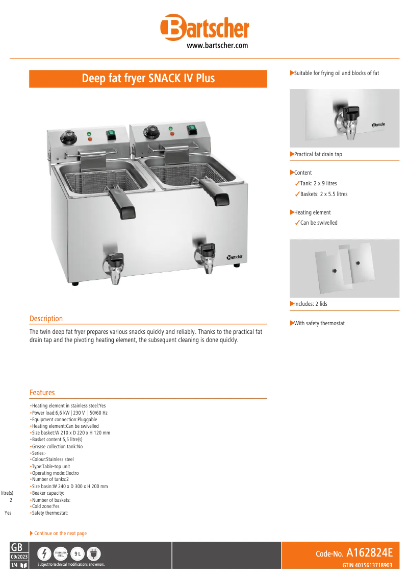 Page 1 de la notice Fiche technique Bartscher Snack IV Plus A162824E