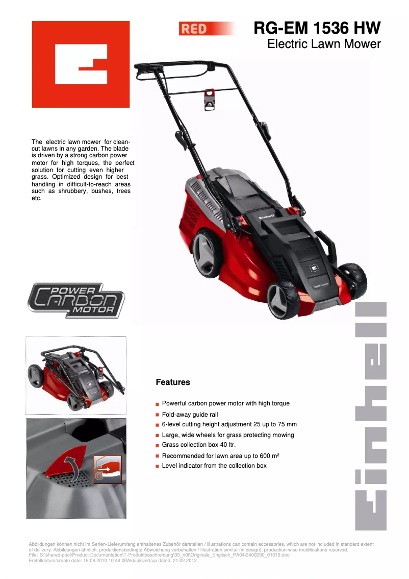 Page n°1 - Fiche technique Einhell RG-EM 1536 HW