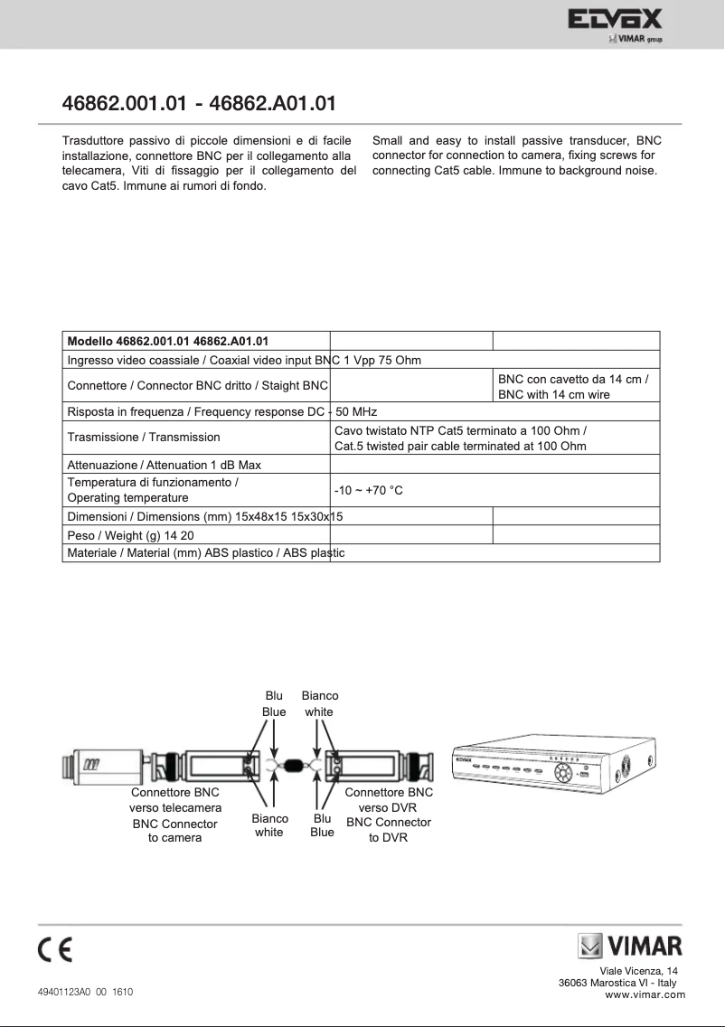 Page n°1 - Manuel utilisateur Vimar ELVOX 46862.001.01