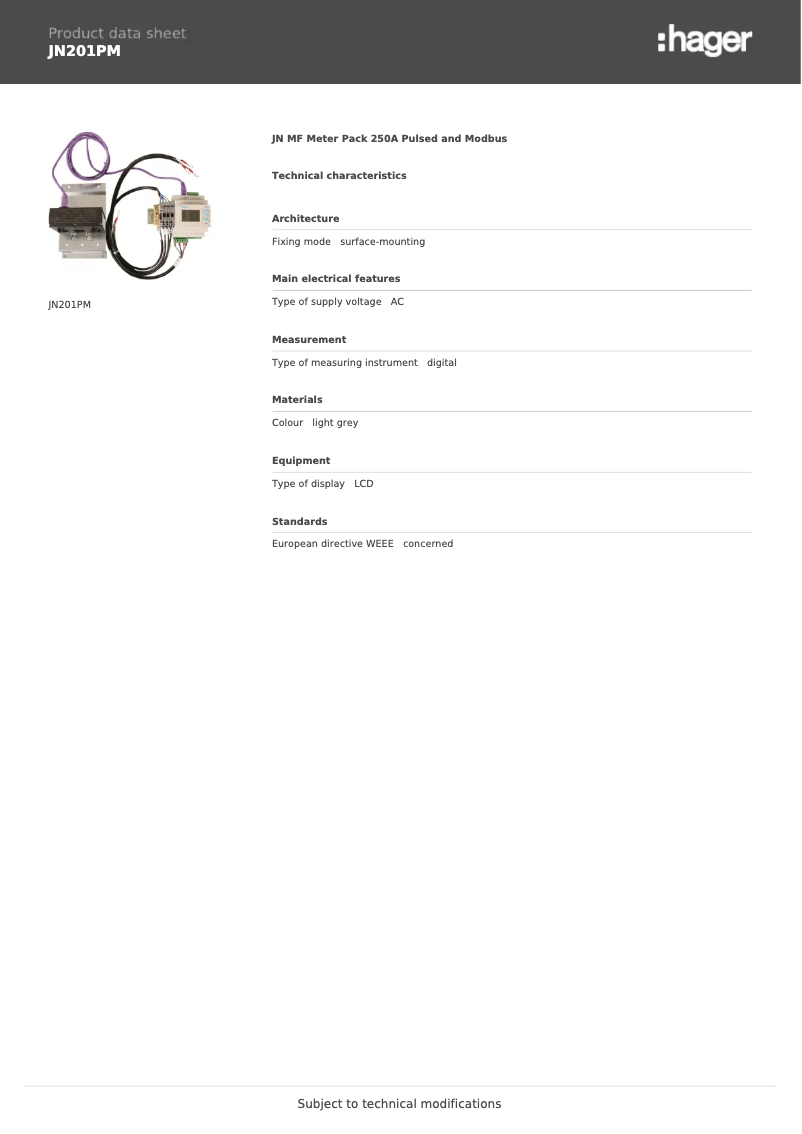Page 1 de la notice Fiche technique Hager JN201PM
