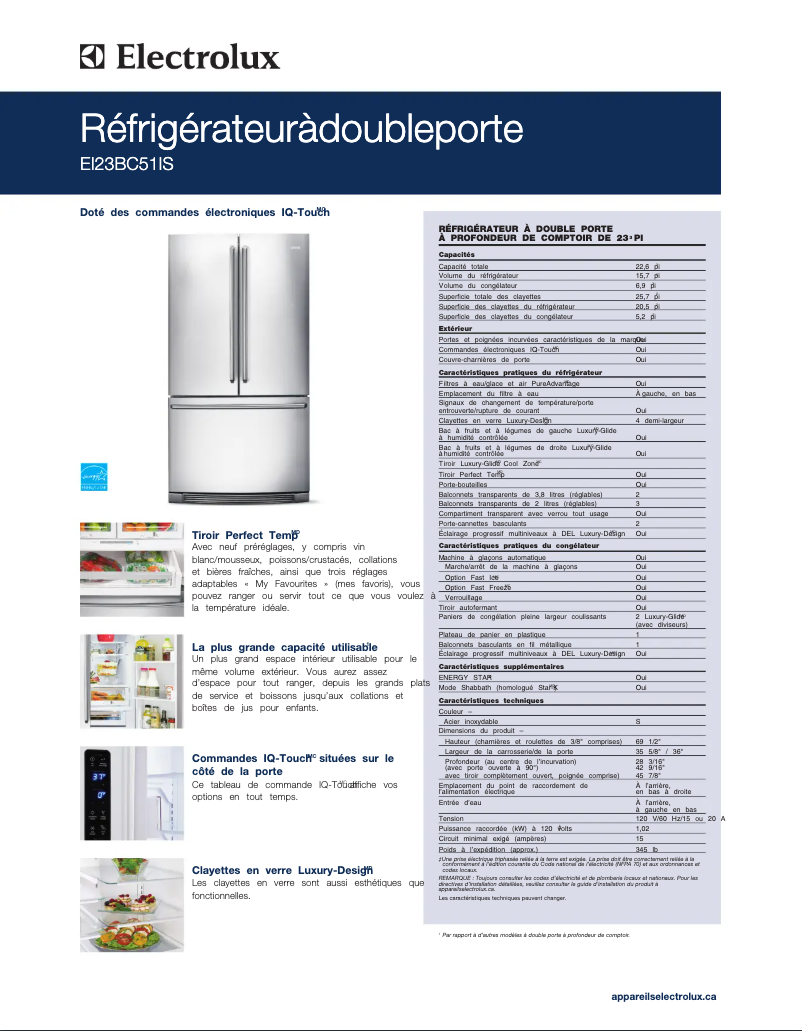 Page 1 de la notice Fiche technique Electrolux EI23BC51IW