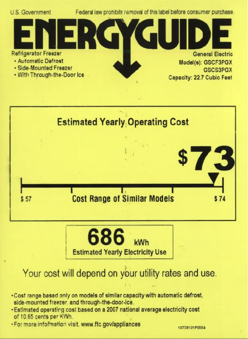 Page 1 de la notice Label énergétique GE GSCS3PGXSS