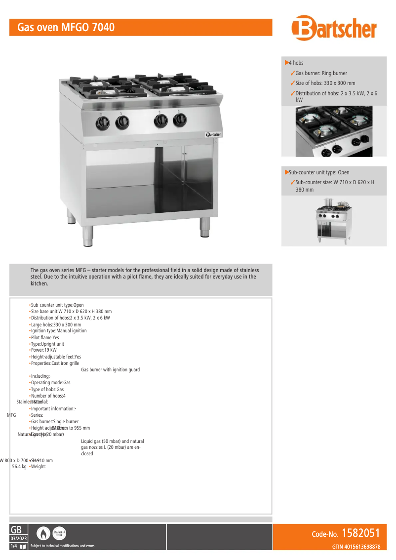Page 1 de la notice Fiche technique Bartscher MFGO 7040