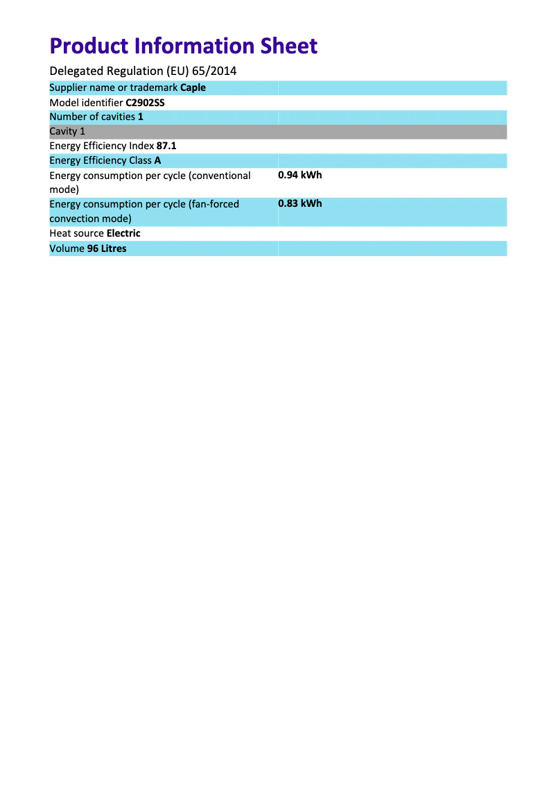Page 1 de la notice Fiche technique Caple C2902SS